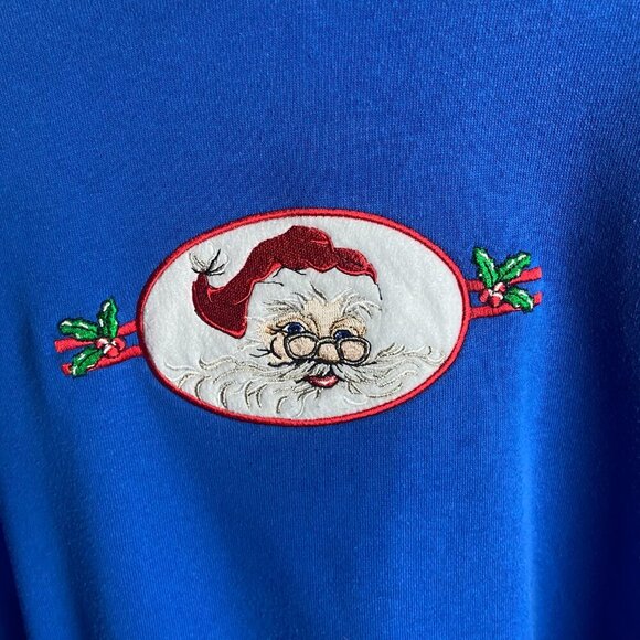 Vintage M&C Sportswear L Crew Neck Sweatshirt Embroidered Santa Blue Christmas - Picture 5 of 7